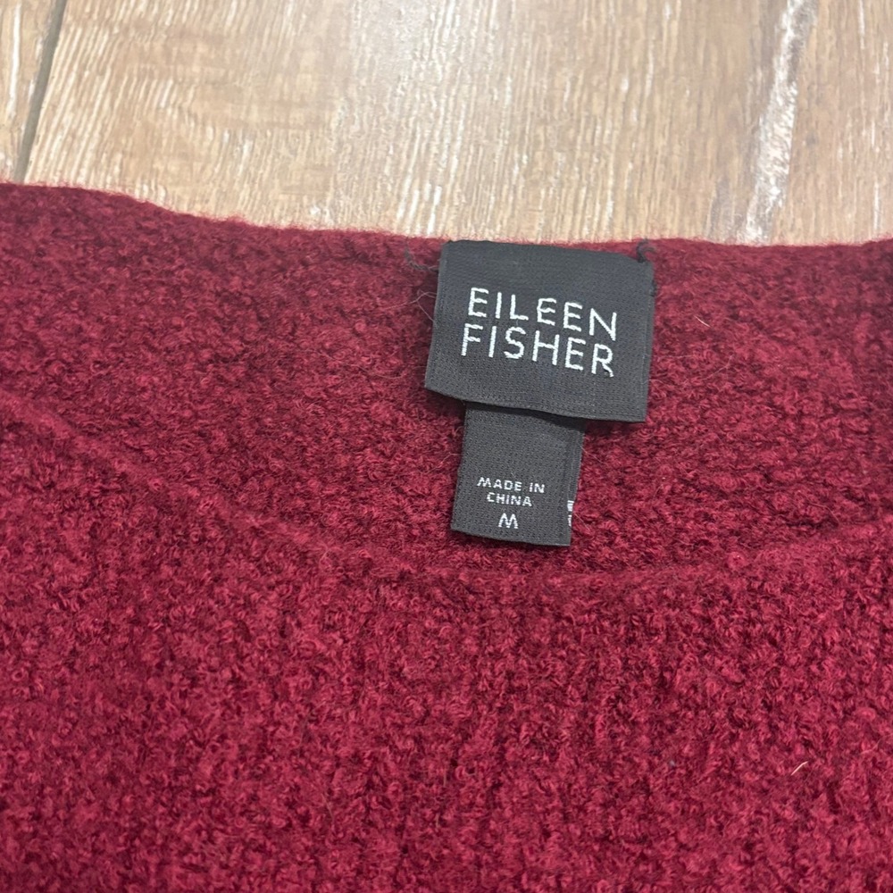 Eileen Fisher Burgundy Wool Blend Boucle Sweater Sashiko Patch Pocket Medium - Picture 5 of 8